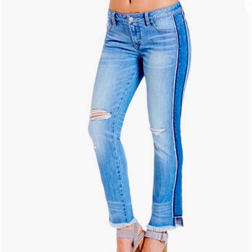 Dear John Erin Slim Straight Jeans with Uneven Raw Hem and Side Detail Size 27